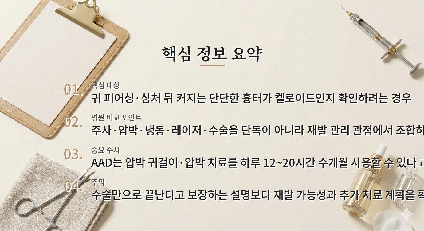 남자 귀 켈로이드 병원, 주사·압박·레이저·수술 재발 관리까지 확인할 항목 비교 가이드