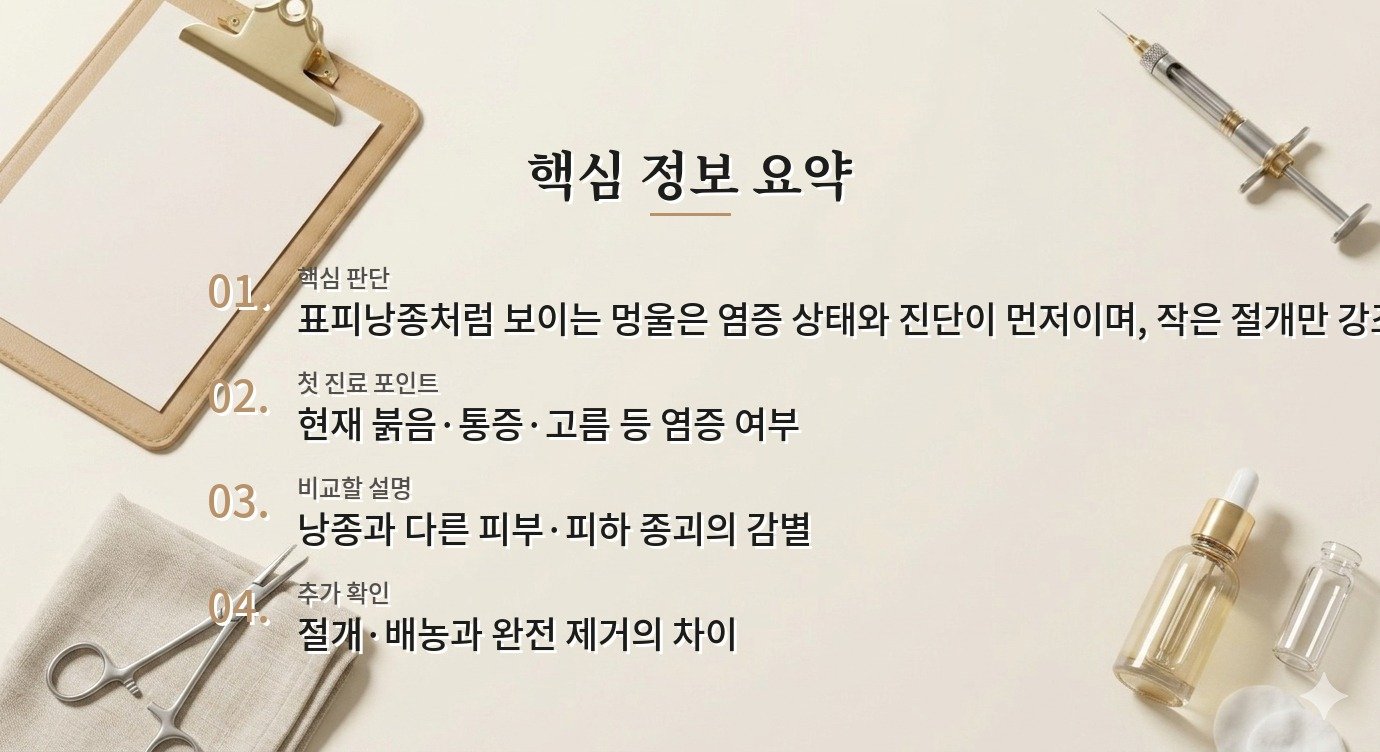 남자 표피낭종 제거 병원, 절개 크기보다 염증 여부·낭벽 제거·조직검사 설명을 보는 이유 비교 가이드