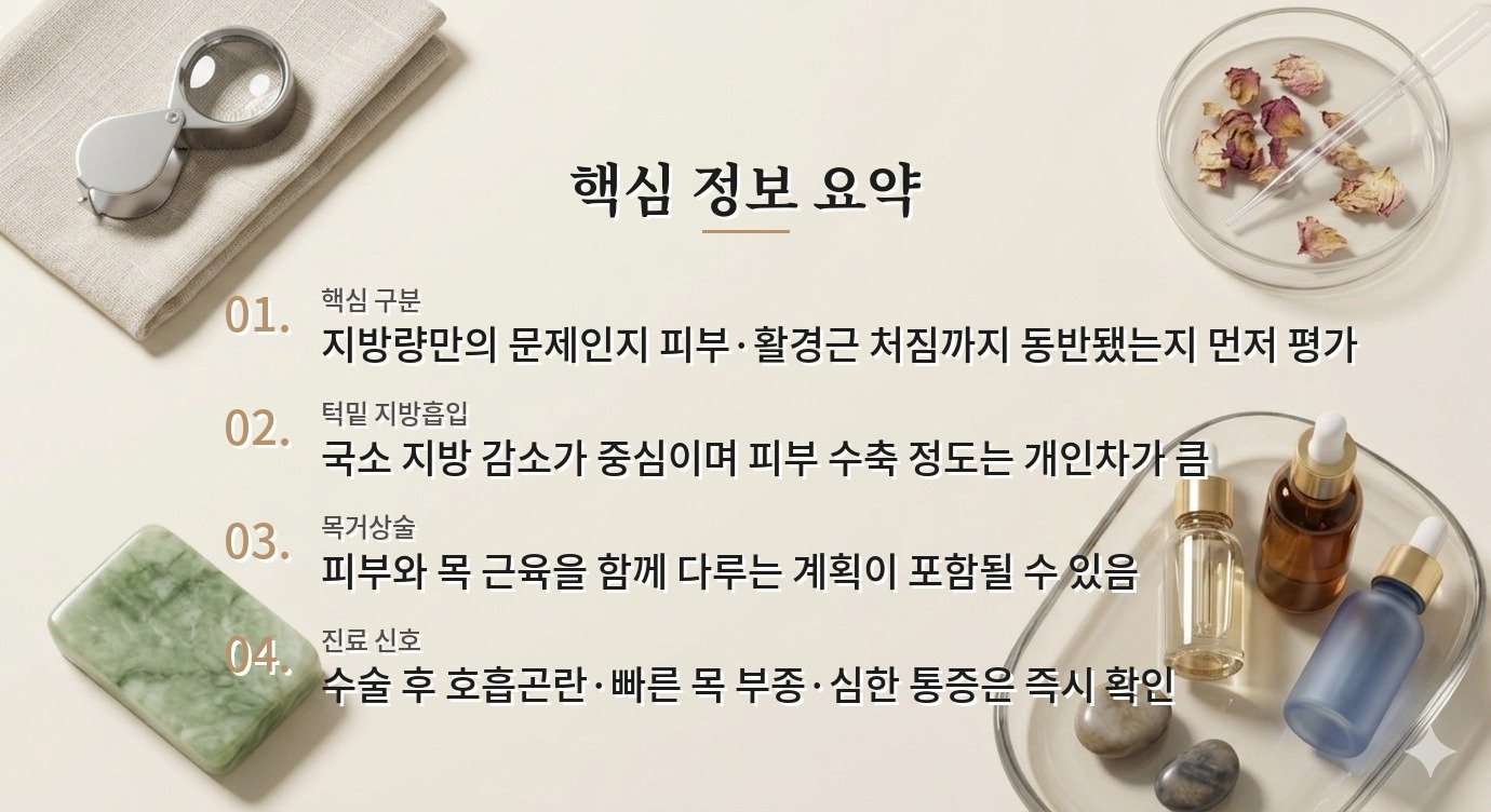 목거상술과 턱밑 지방흡입, 피부 처짐과 지방 문제를 구분하는 기준 비교 가이드