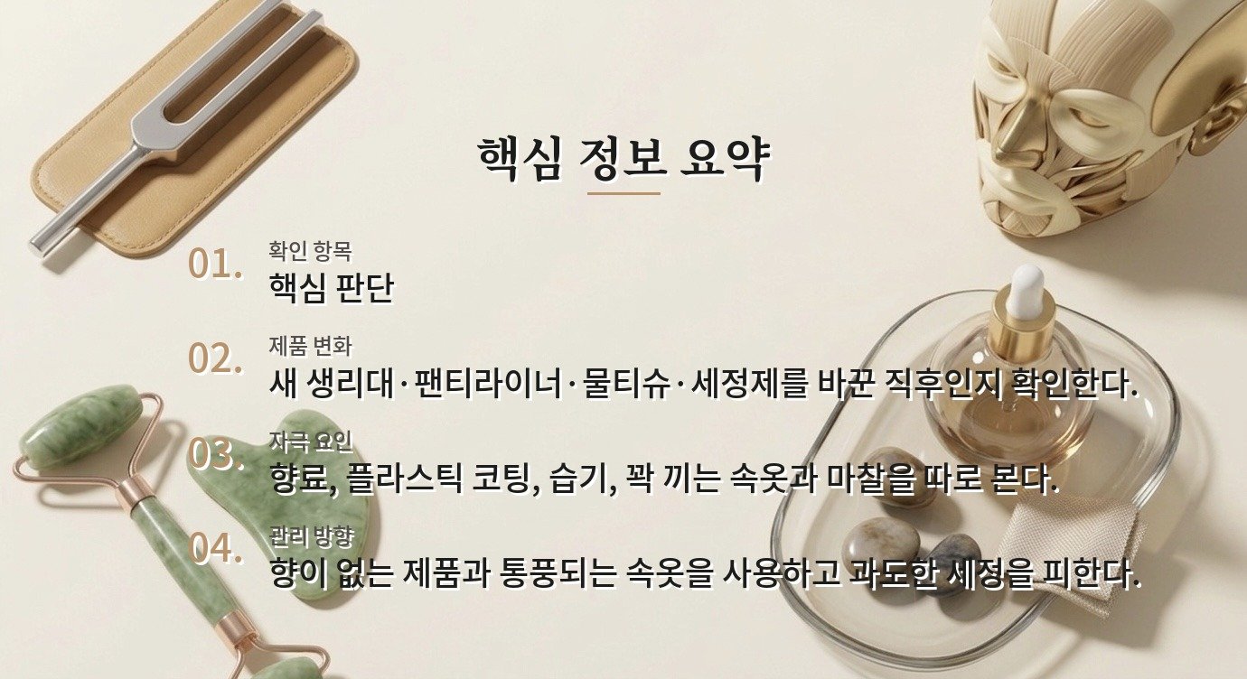 생리대·팬티라이너 사용 뒤 외음부가 따갑다면 향료·마찰·습기를 나눠 보는 법 비교 가이드