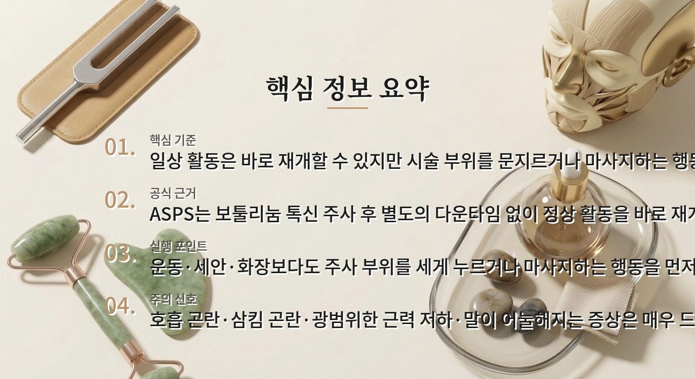 보툴리눔 톡신 시술 후 바로 운동하거나 얼굴을 만져도 되나요? 비교 가이드