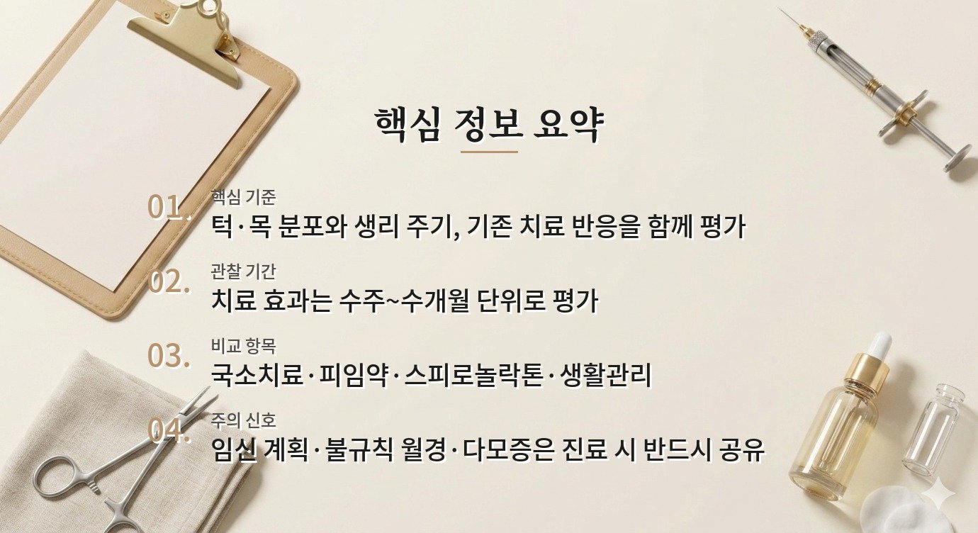 턱·목에 반복되는 성인 여성 여드름은 호르몬 치료를 받아야 하나요? 비교 가이드