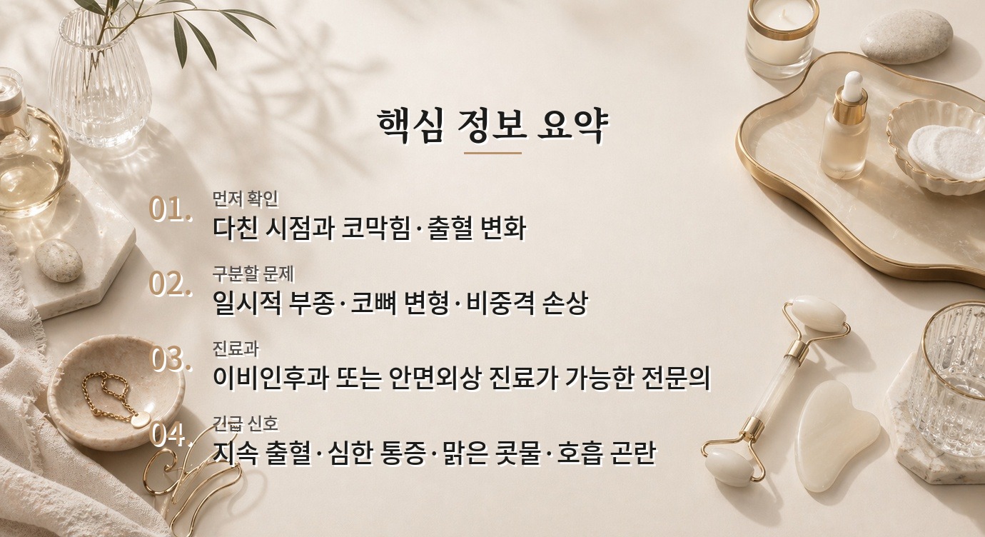 코뼈 골절 후 코가 휘어 보이는 남자, 모양 교정보다 코막힘부터 확인할 때 비교 가이드