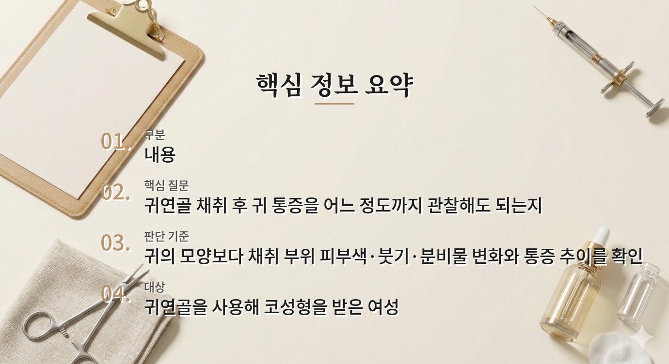코성형에 귀연골을 쓴 뒤 귀가 아플 때, 채취 부위 회복과 염증 신호 비교 가이드