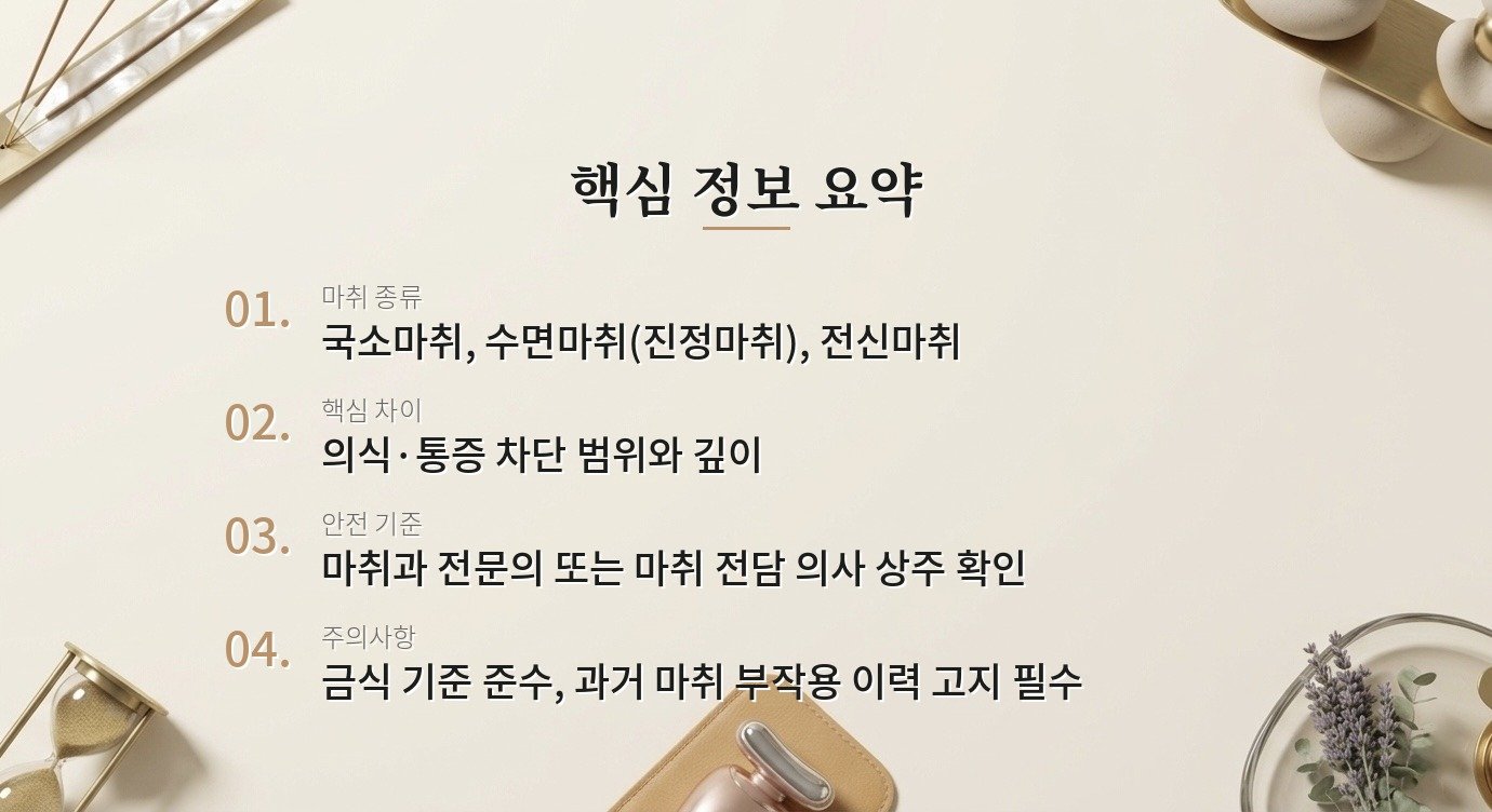 성형 수술 마취 종류(국소·수면·전신)는 어떻게 다르고 무엇을 선택해야 하나요? 핵심 정보
