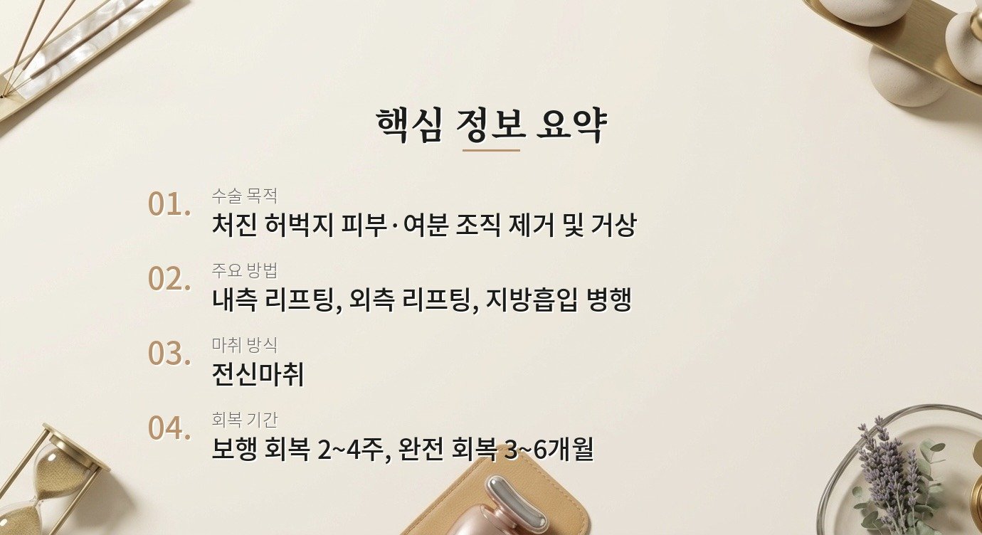 허벅지 리프팅 수술은 어떻게 진행되고 지방흡입과 어떻게 다른가요? 핵심 정보