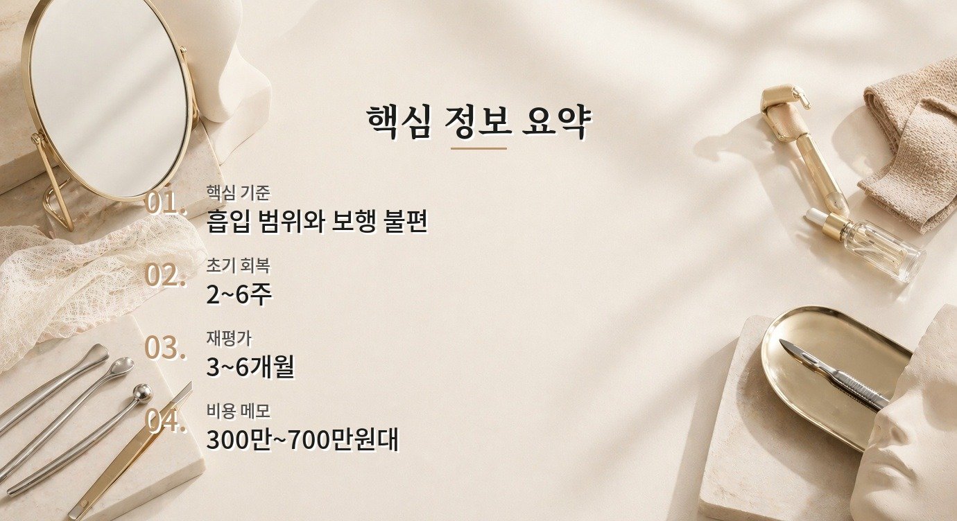 허벅지 지방흡입 회복 비용과 회복 기준은 어떻게 비교해야 하나요? 핵심 정보 요약 이미지